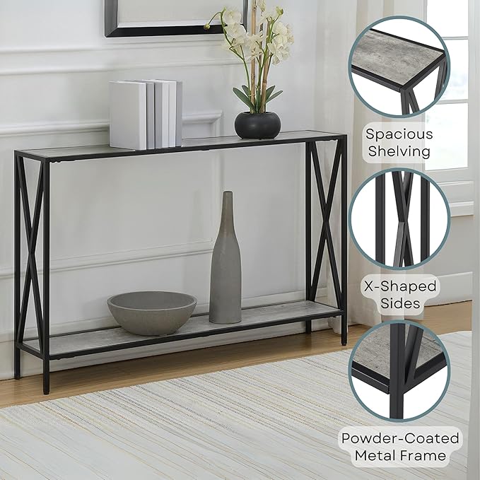 Convenience Concepts Tucson Console Table 47.25" - Modern Sofa Table with Storage Shelf, Entryway Hall Table for Living Room, Faux Birch/Black-NeatNest