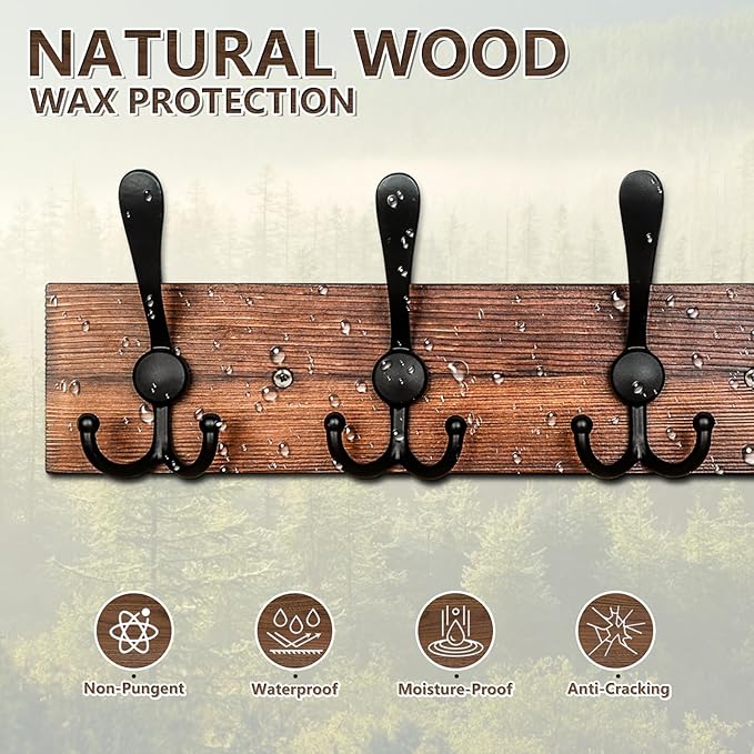 IBosins Wall Mounted Coat Rack, 31-2/5'' Long, Entryway Hanging Rack, Metal Wood Coat Hooks Rack with 8 Black Rustic Tri-Hooks Rail for Coat, Bag, Towel, Key, Hat, Umbrella-NeatNest