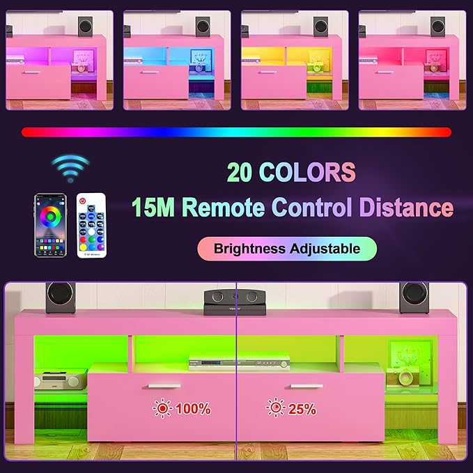 Clikuutory Modern Lighting 63 inch TV Stand with Large Storage Drawer for 50 55 60 65 70 75 Inch TVs, TV Console with 20 Color LED Lights, Entertainment Center Media and Open Shelf for Bedroom, Pink-NeatNest