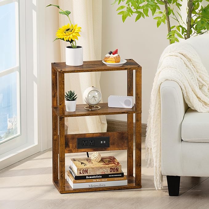 3-Tier Small Narrow Wood Side Table with Charging Station, Skinny Nightstand for Small Space, Slim Bedside Table with Storage for Couch, Thin End Table with USB Ports and Outlets, Rustic Brown