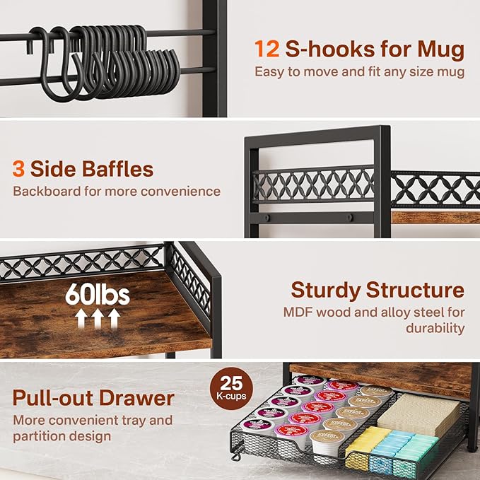 Coffee Bar Organizer Countertop, 3 Tier Mug Cup Holder Stand with 12 Hooks, 25 K Cup Coffee Pod Drawer with Mug Rack, Multifunctional Shelf for Accessories Kitchen (Black)-NeatNest