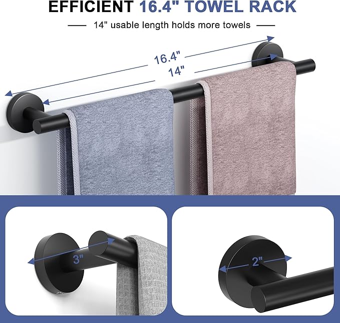 Matte Black Towel Bar, 14 Inch Towel Racks for Bathroom Wall Mounted, SUS304 Stainless Steel Bathroom Towel Holder, Total Length 16.4 Inch Towel Bars