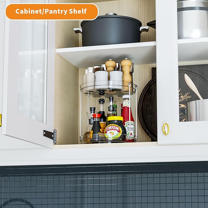 2 Tier Lazy Susan Turntable for Cabinet,Countertop,Pantry,9.5"W Spinning Seasoning Organizer,Double Rotating Kitchen Spice Rack Organizer and Condiments,Medicine,Vitamin Bottle Organizer Carousels,1Pc-NeatNest