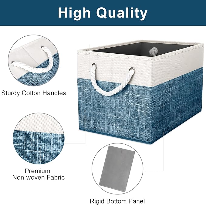 Fab totes Storage Bins [4-Pack], Foldable Storage Baskets for Organizing Toys, Books, Shelves, Closet, Large Storage Box with Rope Handles, Sturdy Organizer Bins, White & Blue-NeatNest