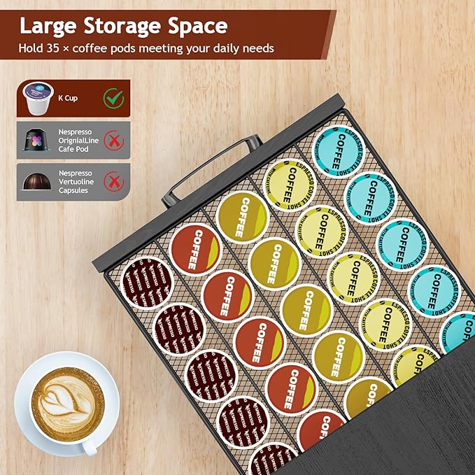 K Cup Holder Drawer - K Cup Storage Organizer, Coffee Pod Drawer with Hooks, Durable Iron-Wood Design, Space-Saving Coffee Station Organizer for Kitchen Counter-NeatNest