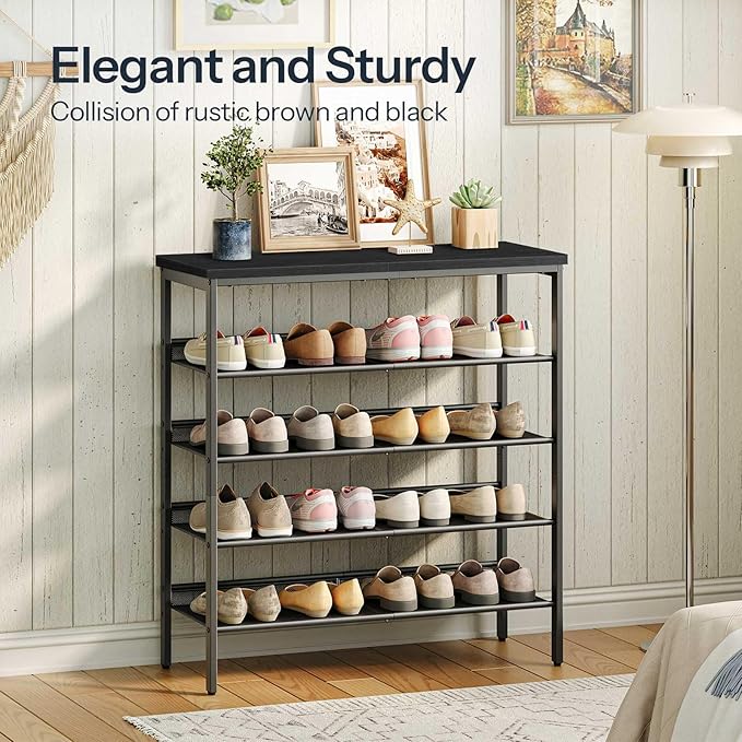 HOOBRO Shoe Rack for Entryway, 5-Tier Organizer with Adjustable Mesh Shelves, 16-20 Pairs, Spacious Floor Mount, Metal, Industrial, Closet Shoe Shelf, Black BB12XJ01-NeatNest