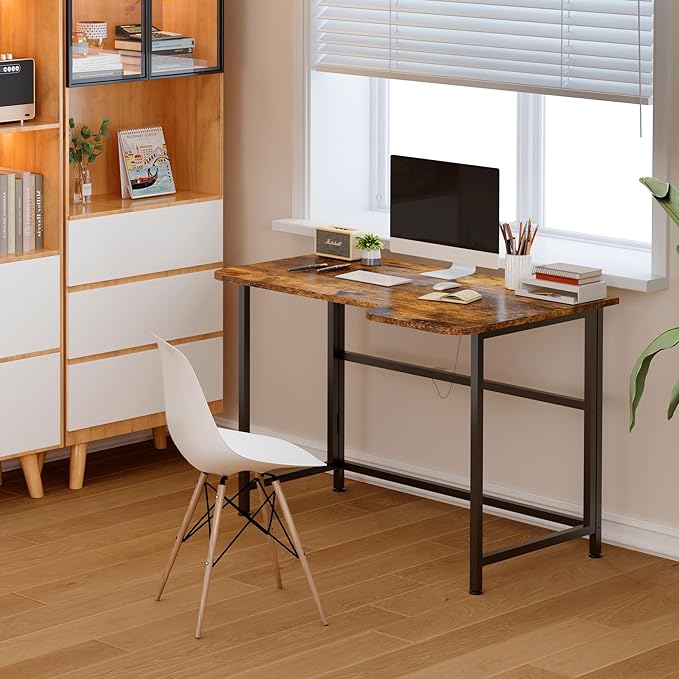 4NM Folding Desk, 35.4 Inch Small Foldable L Desk for Small Spaces, Space Saving Computer Table Writing for Home Office Bedroom, Easy Assembly, Rustic Brown-NeatNest