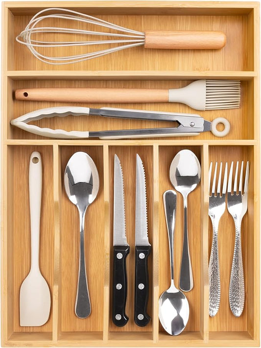 Bellsal Natural Utensil Organizer 12.5 Inch Silverware Organizer for Drawer Utensil Holder Cutlery Organizer Kitchen Drawer Organizer 7 Compartment Small Narrow Bamboo-NeatNest