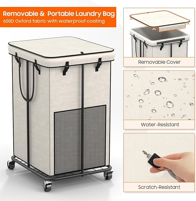 150l Laundry Hamper with Lid, Rolling Laundry Basket with Wheels, Large & Tall Dirty Clothes Hamper with Metal Frame and Removable Bag for Bedroom Aesthetic, Laundry Room, Bathroom, Dorm-White