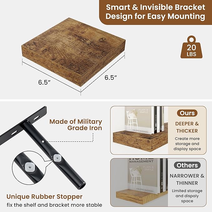fuqing Floating Shelves for Wall, Bathroom Shelf Wall Mounted for Storage, Shelves with Invisible Bracket for Bedroom, Kitchen, Living Room, Farmhouse Small Book Shelf, 6.5 Inch Set of 3, Rustic Brown-NeatNest