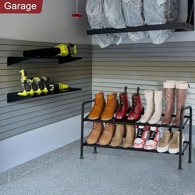 Housen Solutions 2 Tier Expandable Shoe Rack for Closet, Adjustable Shoe Shelf Storage Organizer for Small Space,Heavy Duty Metal Free Standing Shoe Rack for Entryway Closet, Black-NeatNest