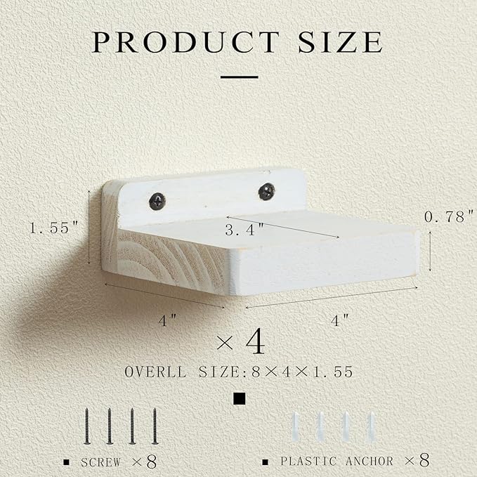Freezing point Small Floating Shelf for Wall Set of 4 Natural Wood 4Inch Mini Wall Shelves Decor Plant Display Collectibles Mounted Kitchen Bathroom Bedroom Corner Decorative Storage Tiny Stand White-NeatNest