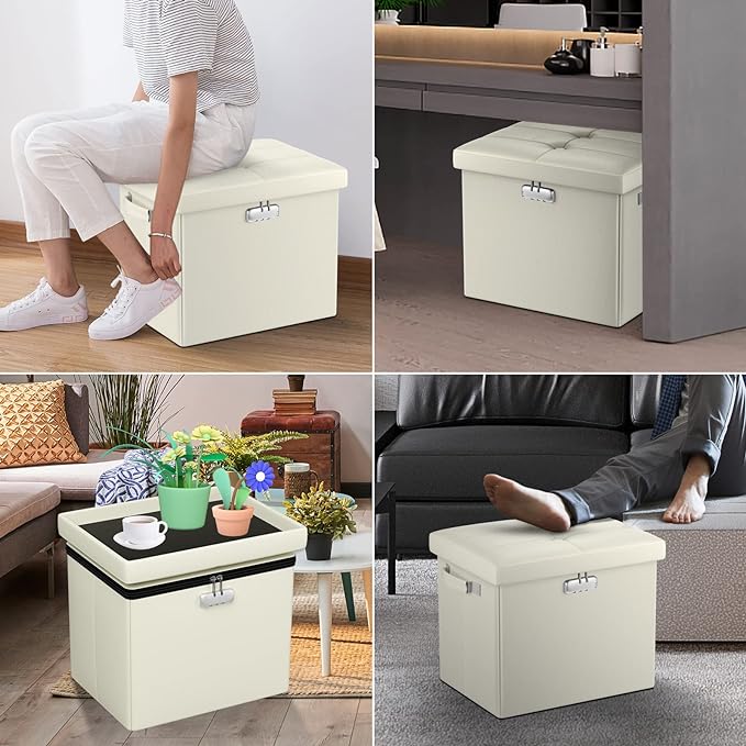 DocSafe Storage Ottoman with Lock,Fireproof＆Waterproof 17 Inches Folding Storage Box with Handles Safe for Important Documents,Leather Storage Ottoman Storage Chest for Living Room,Bedroom,Beige-NeatNest