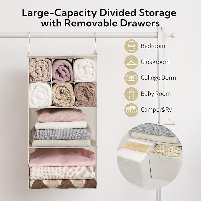 GRANNY SAYS Hanging Closet Organizer with Drawers, 4 Shelf Dividers Closet Hanging Organizer, Foldable Hanging Shelves for Clothes Organizer, Small Closet Organizers and Storage, Beige-NeatNest