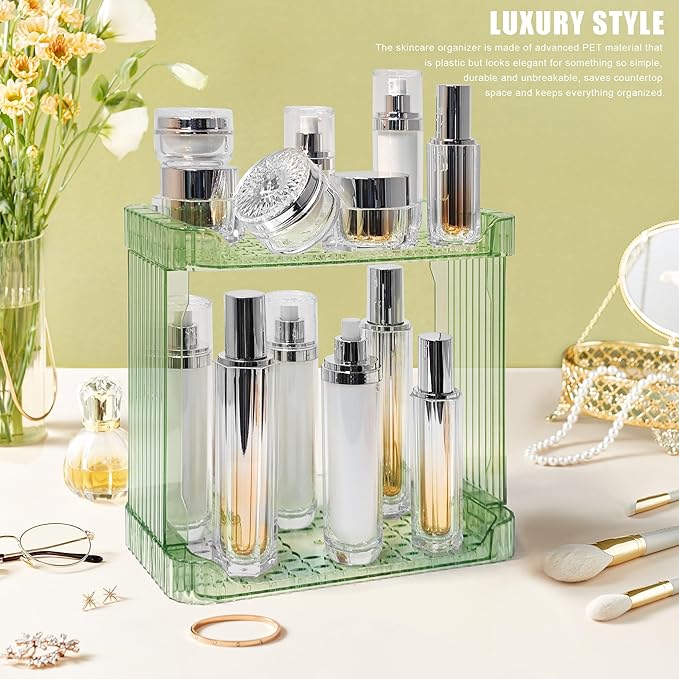 Bathroom Counter Organizer Cosmetics Skincare Organizers Skincare Makeup Organizer Countertop Holder for Perfume-2 Tier-Green