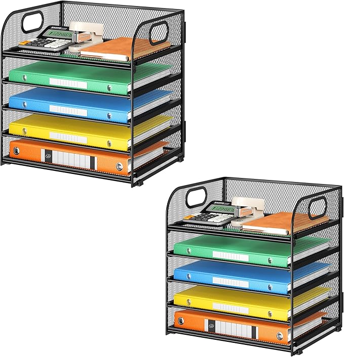 2 Pack 5-Tier Paper Organizer Letter Tray with Handle - Black Mesh Desk Paper Sorter File Organizer for Office, Home or School File Folder Holder
