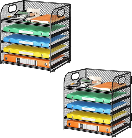 2 Pack 5-Tier Paper Organizer Letter Tray with Handle - Black Mesh Desk Paper Sorter File Organizer for Office, Home or School File Folder Holder