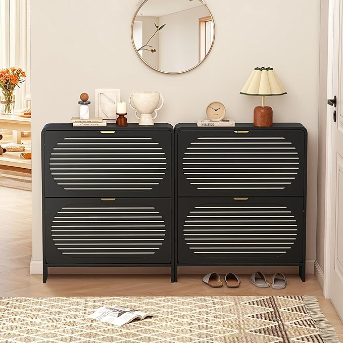 Narrow Shoe Storage Cabinet for Entryway with 2 Flip Drawers, Curved Edge Shoe Cabinet with Arched Stripe Panel, Freestanding Wood Shoe Organizer Closed Shoe Rack for Hallway, Foyer (Black)-NeatNest