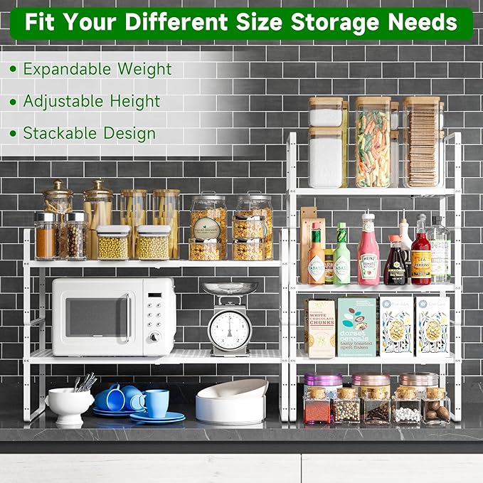 Expandable Kitchen Cabinet Shelf Organizer Rack Heavy Duty Metal Spice Rack Stackable Counter Storage Shelf for Kitchen Cabinet Pantry Bathroom (White - 16.5"-27" L x 10.2" W x 9.6" H - 1Pack)-NeatNest