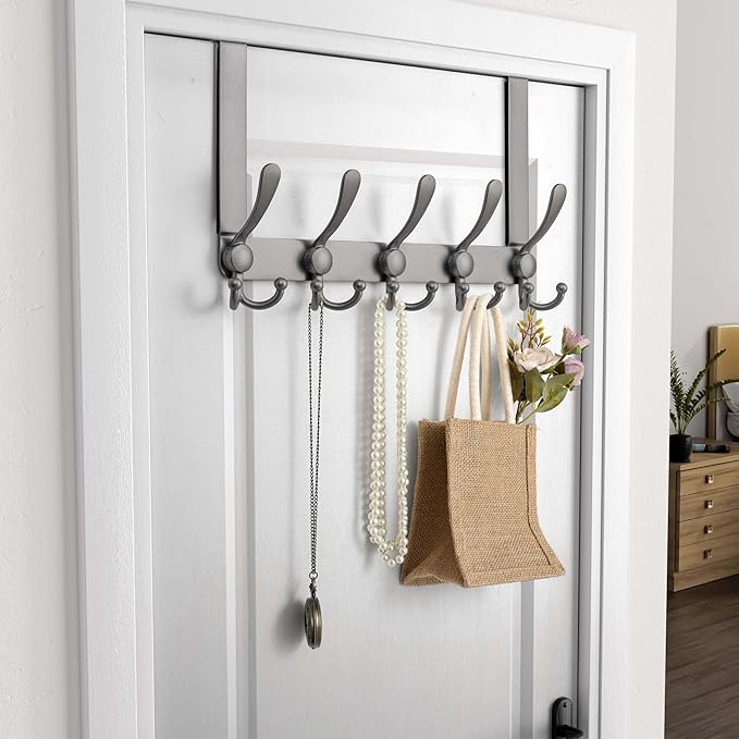 Dseap Over Door Hook 2.0 - Upgraded Version - Simple-Assembly, Strong, Heavy-Duty Stainless Steel 5-Tri-Hook Over The Door Hanger Rack, SimpleStrong Series, Grey, Pack of 2