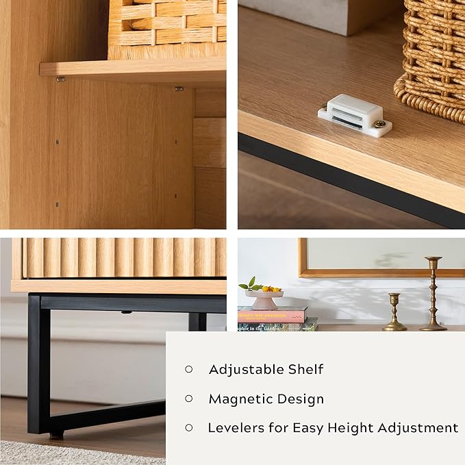 Fluted Storage Cabinet with 3 Doors, Sideboard Buffet Cabinets with Adjustable Shelves, Multifunctional Console Table with Storage Credenza for Living Room, Hallway, Natural Oak