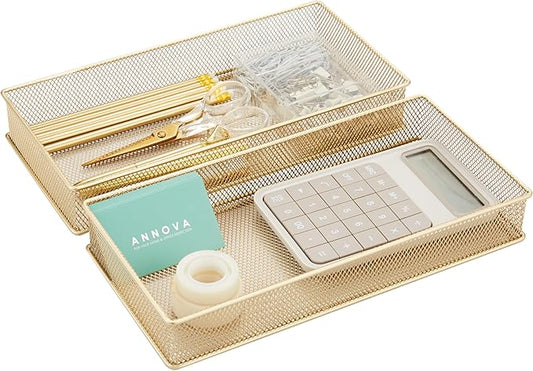 Annova Mesh Stackable Drawer Cabinet and Shelf Organizer Bins Storage Basket School Office Supply Holder Tray- Set of 2 (Gold, 6x12x2 Inch)-NeatNest