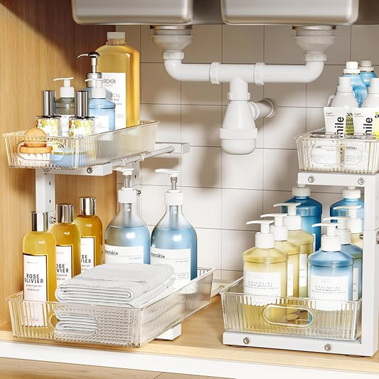 2 Pack Under Sink Organizer, 2-Tier Pull Out Cabinet Organizer, Elegant Acrylic Under Sink Storage Shelf for Kitchen Bathroom Cabinet, L-Shaped Adjustable Height for Maximum Space Efficiency-White-NeatNest