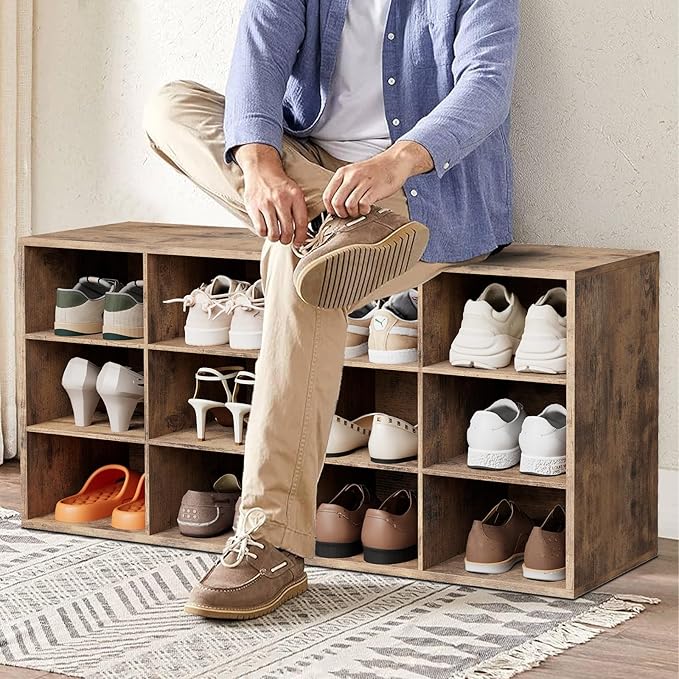 12-Cubby Shoe Rack, 3-Tier Wood Shoe Organizer, Multifunctional Shoe Organizer Bench for Entryway, Mudroom, Hallway, Closet,36.22 * 11.81 * 17.72 Inch,Brown-NeatNest