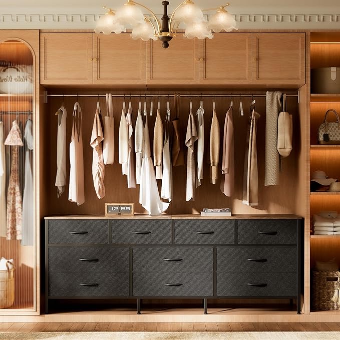 Huuger 63 Inch Dresser for Bedroom, Long Dresser with 10 Fabric Drawers, TV Stand for 55, 65, 70 Inch TV, Toy Storage Organizer for Closet, Rustic Brown and Black-NeatNest