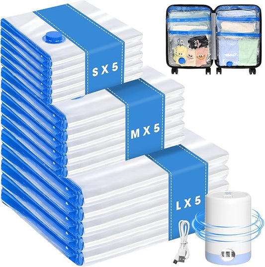 15 Pack Travel Vacuum Storage Bags with USB Electric Pump, Combo Space Saver Vacuum Seal Bags for Clothing Travel Vaccine Sealed Storage Bag for Comforters Blankets Clothes Suitcase, Clear-NeatNest
