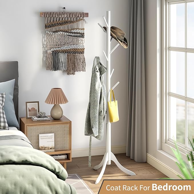 Coat Rack Freestanding, Coat Stands Entryway, Bamboo Coat Rack Hat Hanger 8 Hook for Jacket, Purse, Scarf Rack, Umbrella Tree Stand (White)-NeatNest