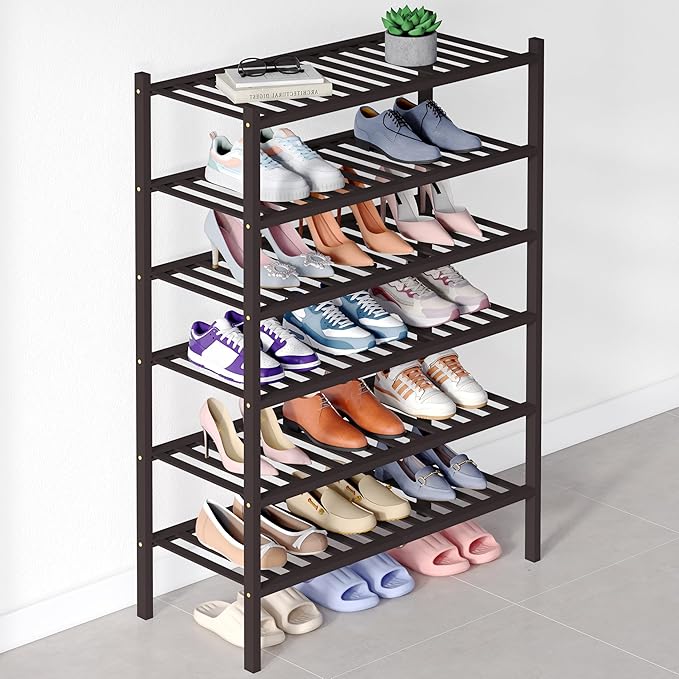 Smiry Bamboo Shoe Rack for Closet, 6 Tier Wooden Stackable Shoe Organizer, Free Standing Shoes Storage Shelf for Entryway, Front Door Entrance, Brown-NeatNest