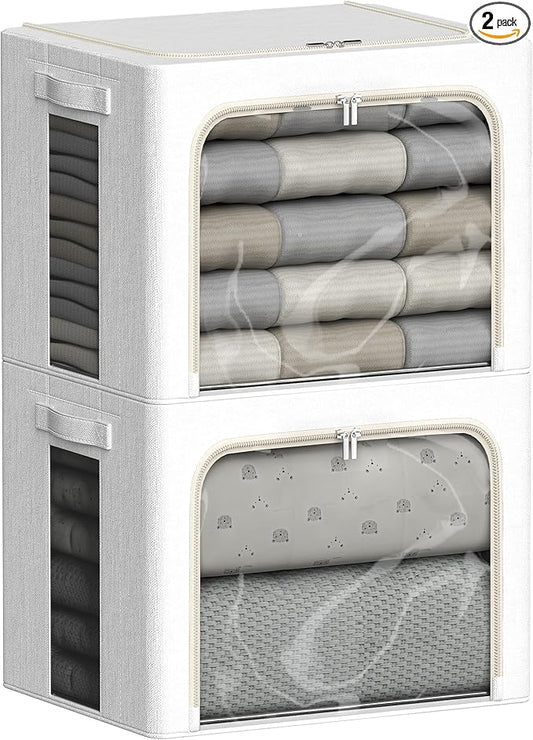 2 Pack Clear Window Storage Bins Large Stackable Linen Fabric Storage for Clothes Foldable Container Organizer Set with Carrying Handles (Lvory White, 19.7x 15.7x 12.6 Inch)-NeatNest