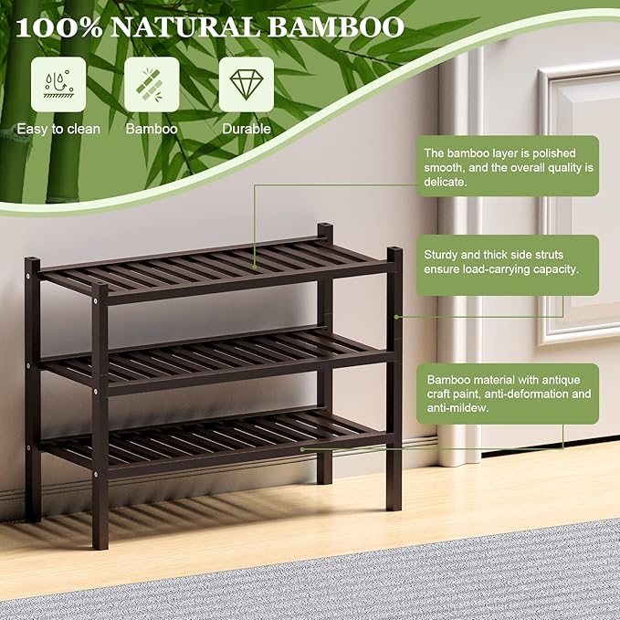 3 Tier (Thick) Bamboo Shoe Rack for Closet Free Standing Wood Shoe Shelf for Entryway Small Space Stackable 27"x12"x21" (Black Brown)-NeatNest