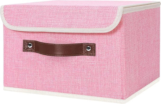 ANMINY Storage Bin with Lid Storage Boxes with PU Leather Handles PP Plastic Board Decorative Foldable Lidded Cotton Linen Fabric Home Cubes Baskets Closet Organizer Container - Pink, Small Size-NeatNest