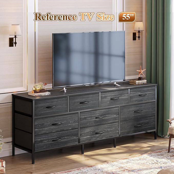Huuger 63 Inch Dresser for Bedroom, Long Dresser with 10 Fabric Drawers, Large TV Stand for 55, 65, 70 Inch TV, Toy Storage Organizer for Closet, Charcoal Black Wood Grain Print-NeatNest