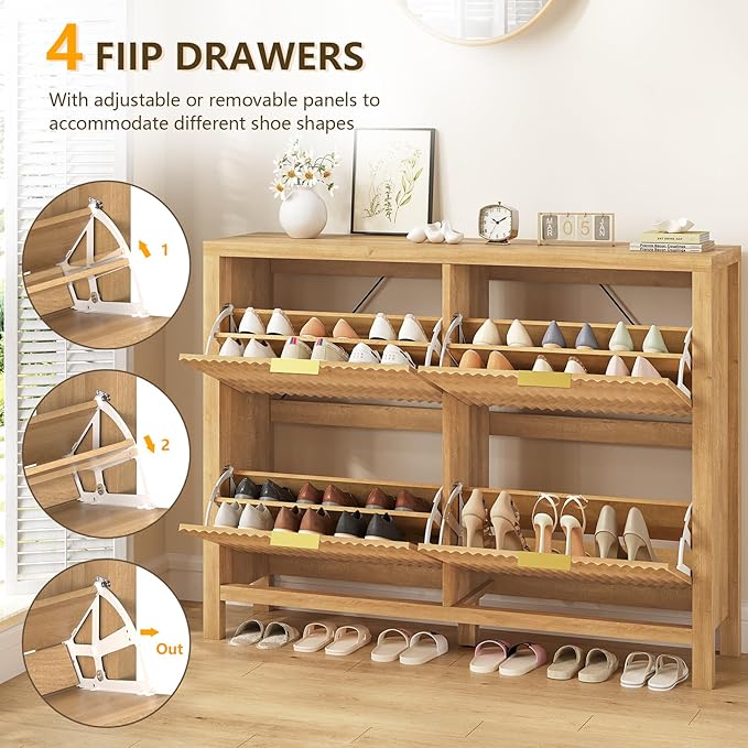 Shoe Cabinet Storage for Entryway, Fluted Shoe Cabinet with 4 Flip Drawers, Hidden Shoe Rack Freestanding Wooden Shoe Organizer with Legs for Hallway, Oak-NeatNest
