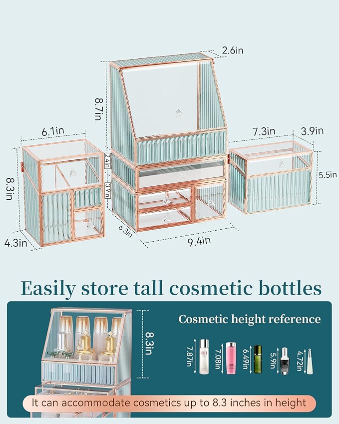 Large Makeup Organizer, Glass Cosmetic Storage with Drawers, Stackable Makeup and Jewelry Organizer for Vanity Table, Bathroom Countertop, Skincare, Lipsticks, Perfume, Brushes