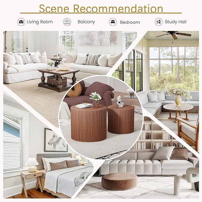 Round Coffee Table Set of 2 Modern Nesting Coffee Tables Wooden Drum Coffee Tables with Non-Slip Feet, Circle Nesting Tables End Table for Living Room Office, No Assembly (Dark Wood 18.11"+14.57")