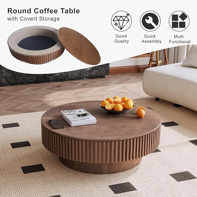 39'' Round Coffee Table with Storage, Modern Wooden Coffee Table with Solid Wood Veneered, Circle Center Table Accent Tea Table for Living Room Apartment Walnut