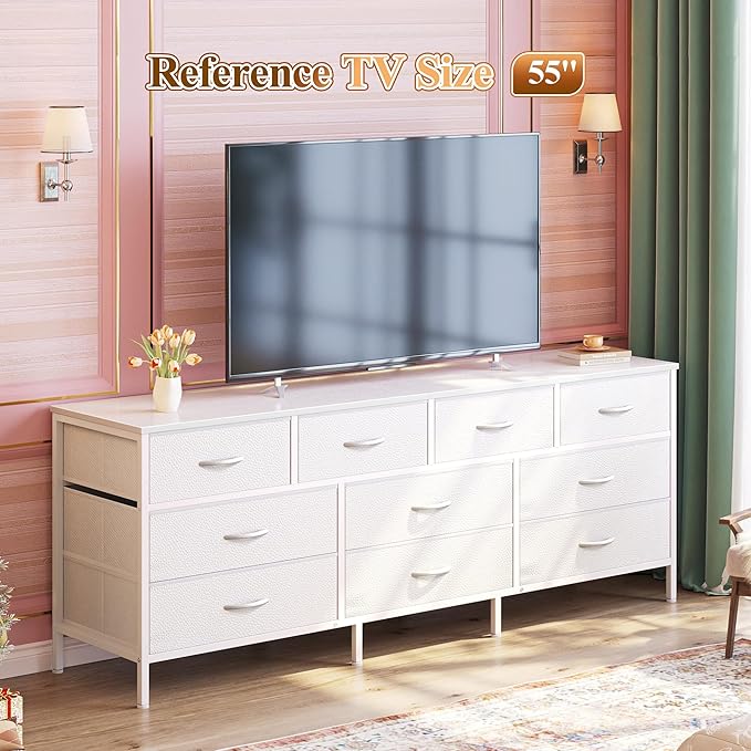 Huuger 63 Inch Dresser for Bedroom, Long Dresser with 10 Fabric Drawers, TV Stand for 55, 65, 70 Inch TV, Toy Storage Organizer for Closet, White-NeatNest