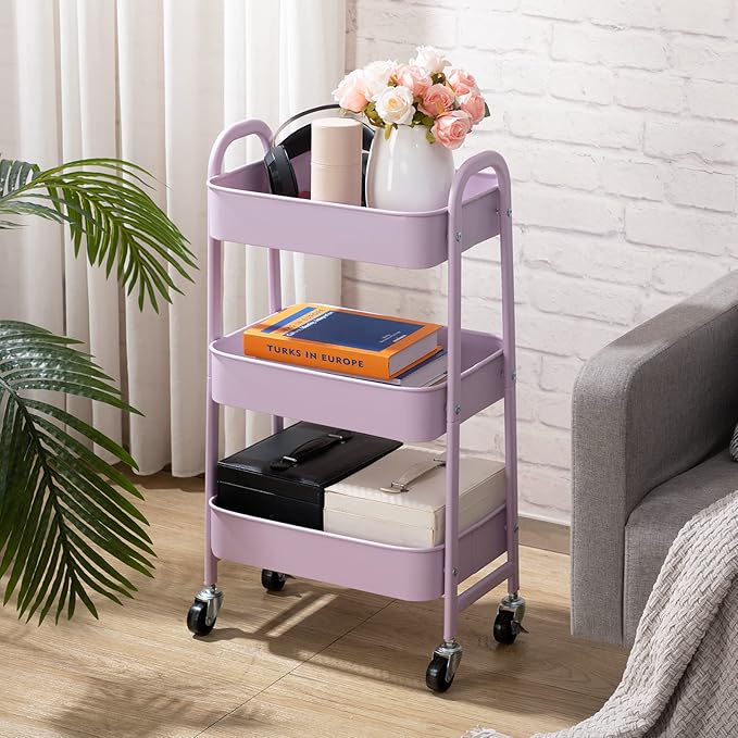 AGTEK Makeup Cart, Movable Rolling Organizer Cart, 3 Tier Metal Utility Cart with Lockable Wheels for Home & Office, Purple-NeatNest