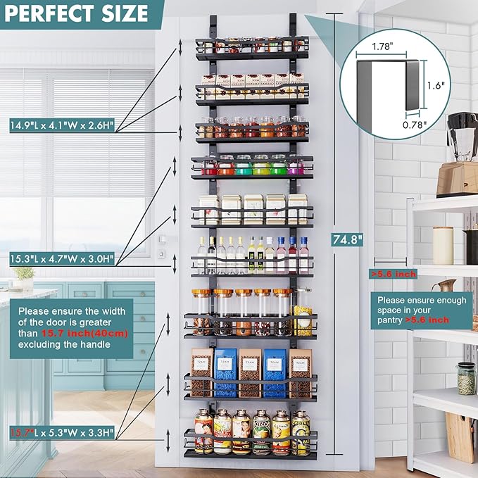 Over The Door Pantry Organizer，9-Tier Over The Door Organizer with Adjustable Basket，Metal Hanging Pantry Organizers and Storage for Kitchen, Back of Door Seasoning Rack (Black)