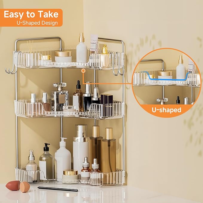 Makeup Organizer for Vanity 3-Tier Corner Bathroom Organizer Countertop with Hooks Bathroom Countertop Perfume Organizer Corner Bathroom Counter Corner Storage-Clear-NeatNest