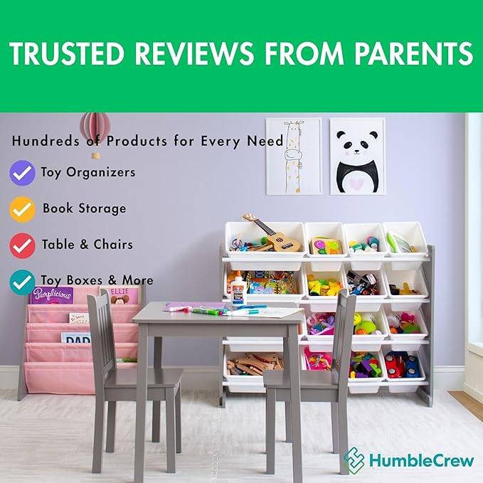 Humble Crew 4-Tier Kids Bookshelf, Grey Wood/Pink - Premium Book Shelf for Kids Rooms with Four Deep Pockets - Toddler Sling Book Rack with Deep Sleeves, Nursery Bookcase Organizer