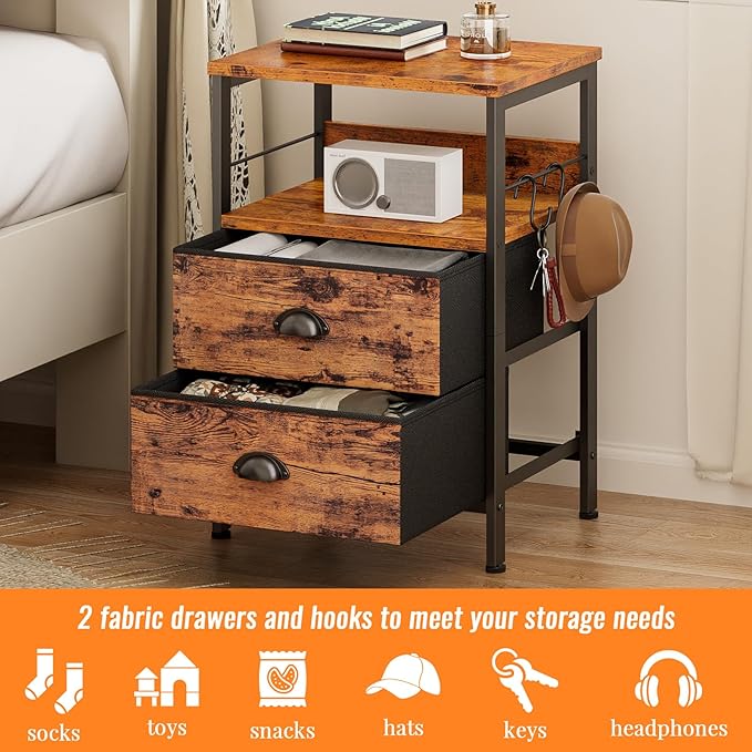Furologee Nightstands Set 2, Bedside Table with 2 Fabric Drawers, End Table with Hooks and Shelf, Side Table for Bedroom/Living Room/Study/Hallway/Brown