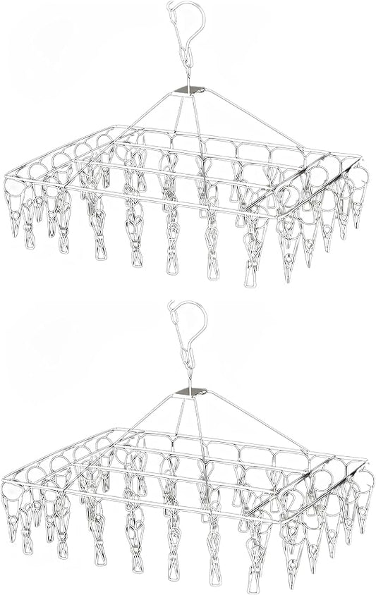 2 Pack Stainless Steel Sock Drying Rack with 80 Clips,360° Rotatable Windproof Hook Clothes Hanger Rack for Herb,Bras,Underwear,Baby Clothes,Hat,Scarf,Pants,Gloves,Towel and Laundry Accessories-NeatNest