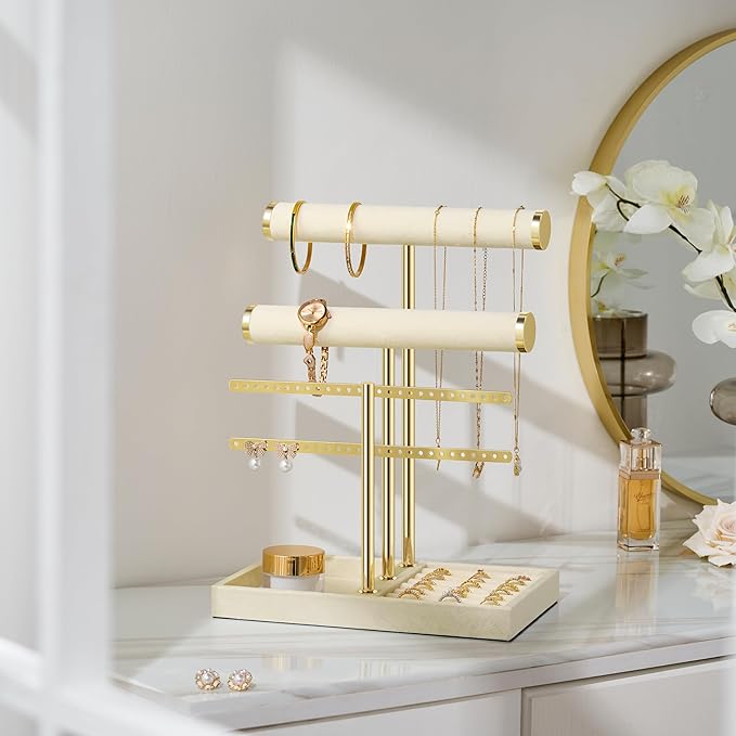 3 Tier Bracelet Holder Display - Detachable T Bar Beige Velvet Bracelet Holder, Jewelry Holder Organizer for Bracelet, Necklace, Earrings, Rings