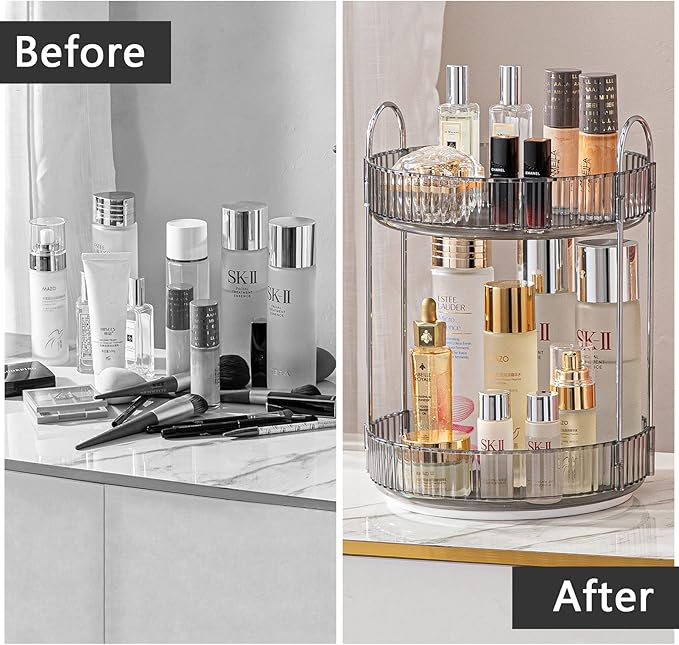 Rotating Makeup Organizer for Vanity, High-Capacity Skincare Clear Make Up Storage Perfume Organizers Cosmetic Dresser Organizer Countertop 360 Spinning (Gray, 2 Tier)-NeatNest