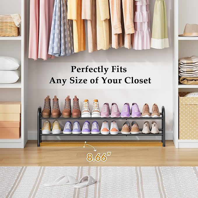 2 Tier Shoe Rack, Shoe Organizer for Closet, 28“ Metal Shelf Can Expandable to 42“, for Bedroom, Entryway, Closet, Garage, Adjustable to 12 Pairs Shoes, Black-NeatNest